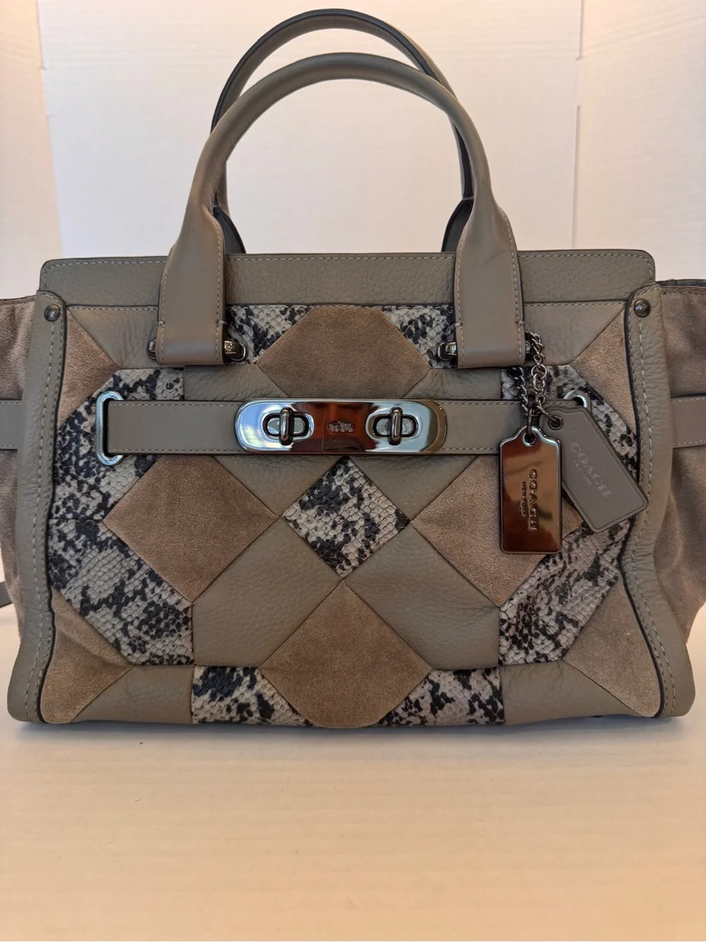 Coach Swagger Patchwork Satchel Purse Snakeskin Quilted Leather Suede NWOT ES